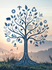 Stylized Tree with Dark Blue Leaves Symbolizing Growth and Sustainability