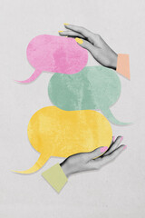 Trend image vertical photo collage of human hands show colorful bubble communication speech cloud...