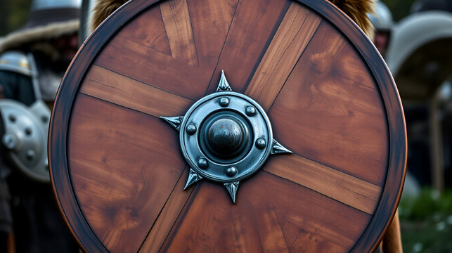 A round wooden viking shield with a metal umbo and decorative metal fittings. The shield is held by a person wearing a brown leather jerkin and fur cloak.