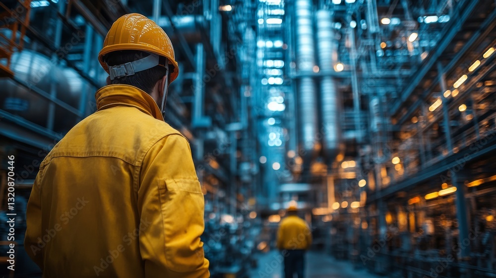 Poster engineers wearing safety gear navigate a high-tech petrochemical refinery, overseeing manufacturing 