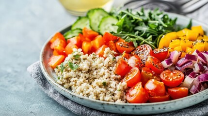 Vibrant and Nutritious Vegetable Salad with Quinoa Grain Served on a Ceramic Dish Against a Minimalist Background