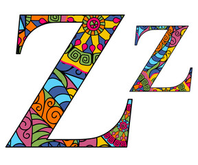 Vector image letter of the English alphabet with colorful vintage hand drawn pattern isolated on transparent background