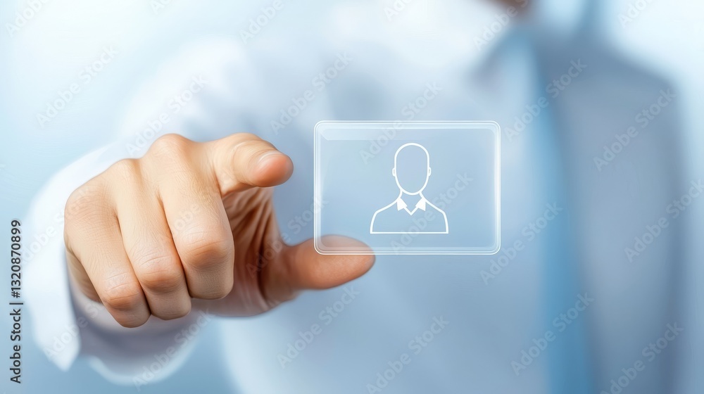 Poster man in white shirt activates interactive display technology with precise finger press on seamless di