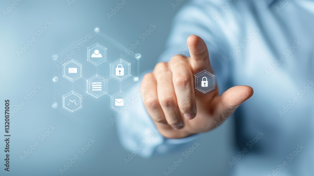 Poster man in blue shirt activates secure lock button on control panel, access control and security system