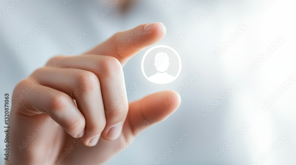 Poster finger activating digital interface button, seamless interaction with modern technology.