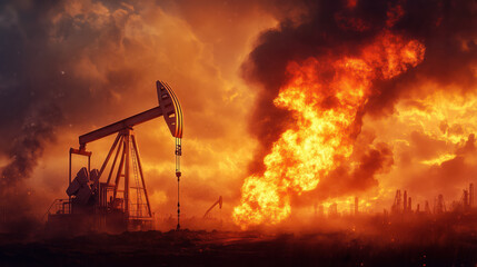 Fire is burning in the distance, oil pump in flames. Oil rig burning, Gas fire explosion