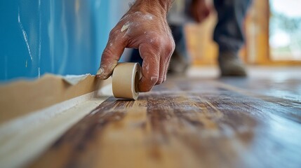 A painter's hand smoothly applies painter's tape to trim, ensuring a clean and sharp line along the edge. The setting appears to be a home interior renovation with wooden flooring