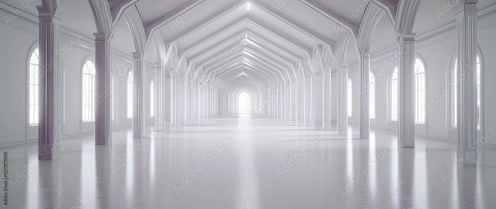 Poster the image depicts a long, empty corridor with a modern white background, featuring a futuristic sci-