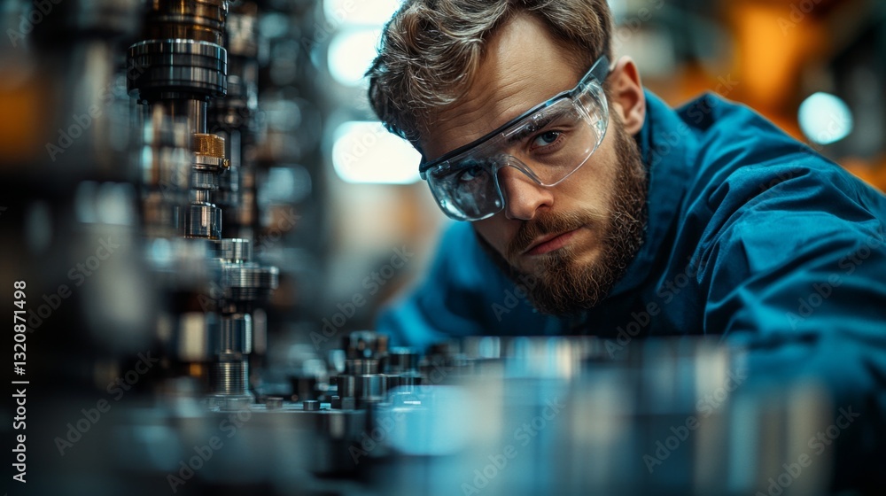 Poster a skilled engineer inspects precision machinery in a bustling manufacturing facility. he wears safet