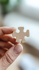 Businessman's hand gripping isolated puzzle piece, representing strategic problem solving and corporate decision making complexity