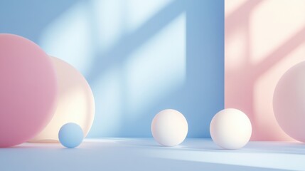 Fototapeta premium Pastel Colored Spheres on a Soft Blue and Pink Background with Light and Shadow