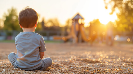 Lonely child perching on wood chips, gazing wistfully at playing peers during golden sunset, embodying emotional disconnection and silent yearning for friendship