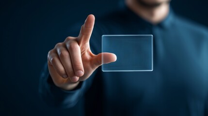 Man pointing at a small square object, detailed visual representation