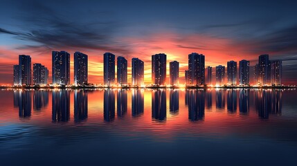 Obraz premium Modern Urban Skyline at Sunset with Reflections on Water Surface