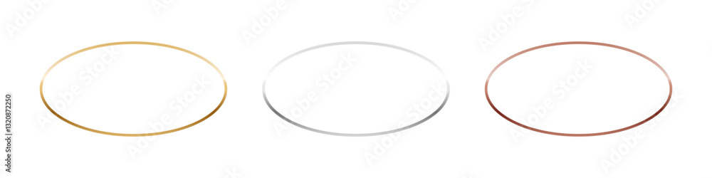 Poster gold, silver and bronze oval frames. horizontal thin metal ellipse photo or picture frames isolated 