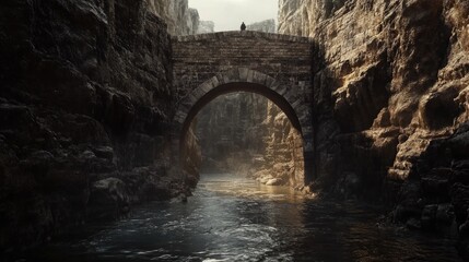 A stone bridge spans a river within a rugged mountain landscape