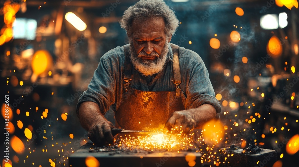 Poster an experienced artisan focuses on shaping steel while surrounded by glowing sparks, showcasing manua