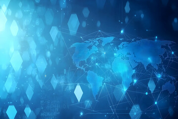 Fototapeta premium Blue abstract background with blurred geometric shapes and a world map, showcasing dynamic tech.
