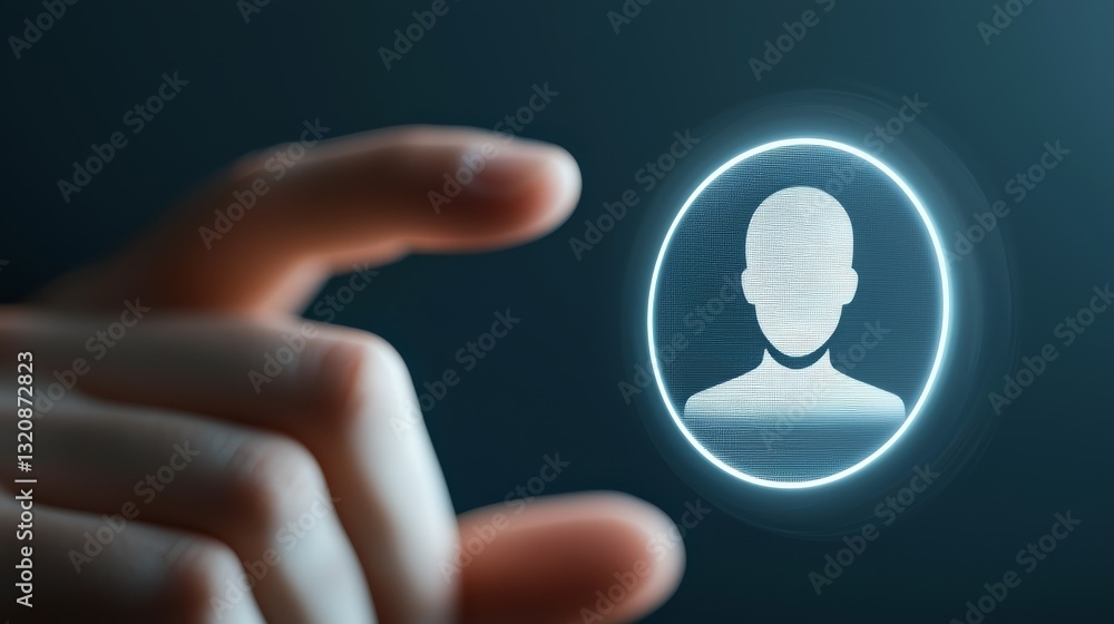 Poster person activates user account, pressing button with person icon in digital interface design for acce