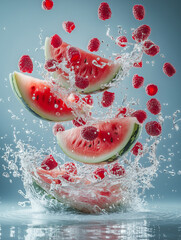 Fototapeta premium Fresh watermelon slices splashing in water with raspberries, creating vibrant and dynamic scene. combination of fruits and water evokes sense of freshness and energy