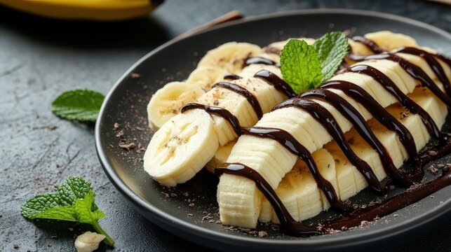 Fresh banana dessert with chocolate drizzle and mint garnish on a dark plate
