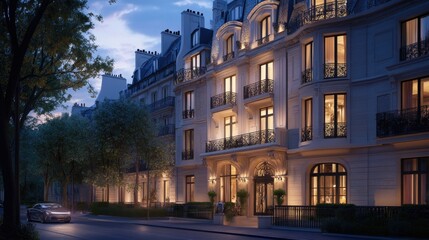 Fototapeta premium An elegant illuminated building exterior with balconies and street