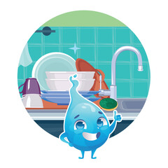 Clean dishes. cartoon mascot water drop pointing and liked clean dishes