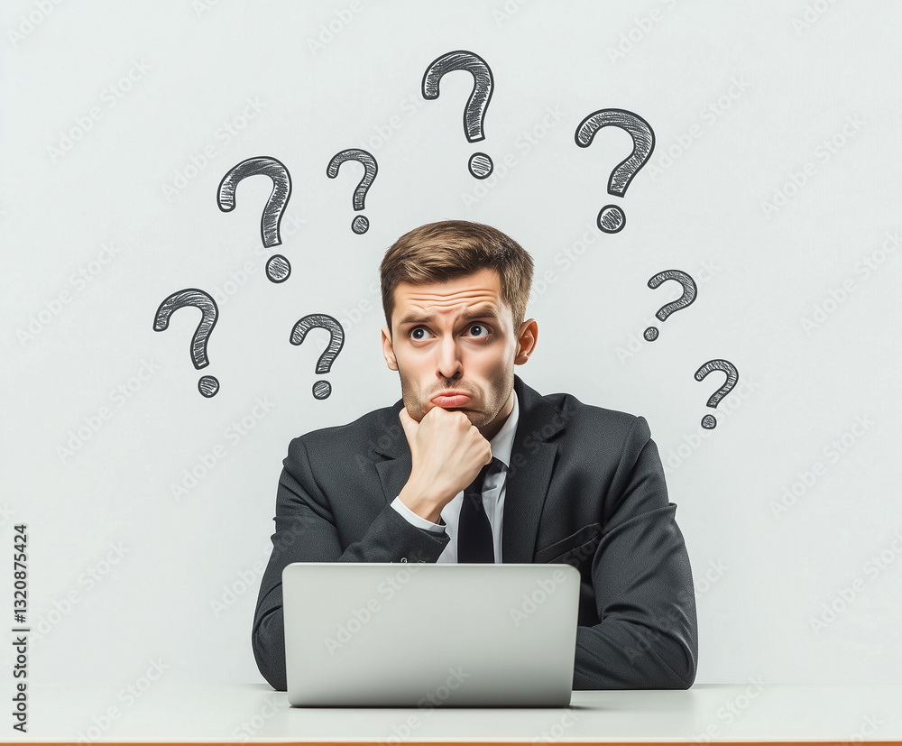 Poster businessman in suit looking confused with questions around him, pondering over problem while sitting