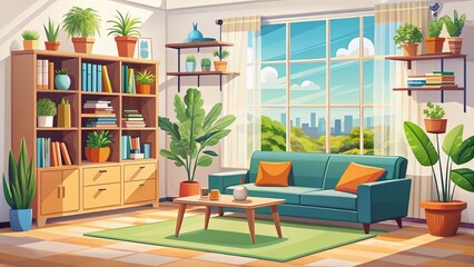 Cozy Living Room Interior: Comfortable Sofa, Plants, & Window View