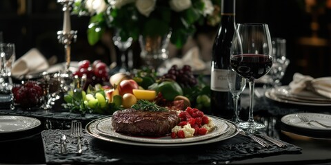 Elegant luxury dining table set featuring a succulent steak and an array of exotic fruits for a lavish feast.