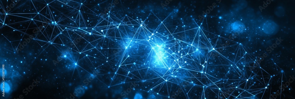 Poster abstract blue network of interconnected nodes and lines with a bokeh effect on a dark background