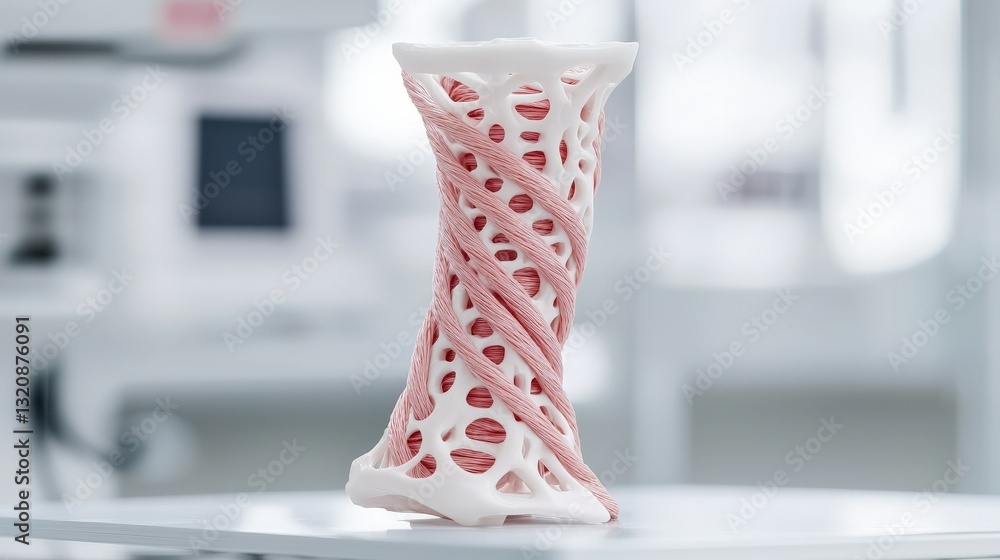 Poster material science biomaterials concept. innovative twisted sculpture displayed on a minimalist surfac