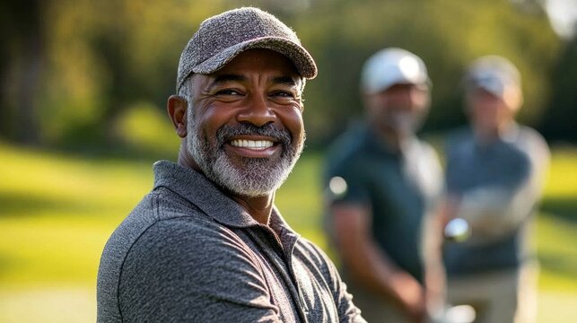 A middle-aged man enjoys a round of golf with friends, showcasing smiles and camaraderie on a beautiful sunny afternoon at an inviting golf course