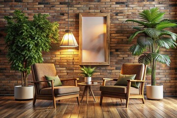 Fototapeta premium Cozy Living Room with Tropical Tree, Wood Armchairs & Frame Mockup - 3D Render