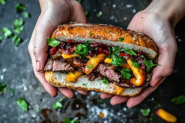 Food blogger's hands showcasing a perfectly grilled juicy steak, ready to savor and share the delicious experience.