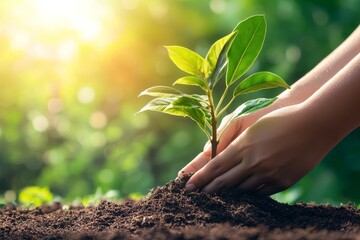 In a close-up shot, a woman is depicted planting a seedling in a thriving garden, embodying the principles of sustainability and environmentally conscious living, perfect for gardening and