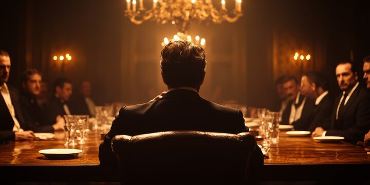 Boss leading mafia meeting at luxurious restaurant table