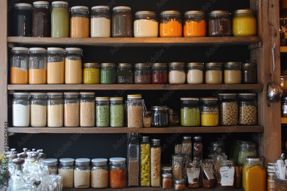 Poster A colorful display of various foods on a shelf, ideal for use in editorial or commercial contexts