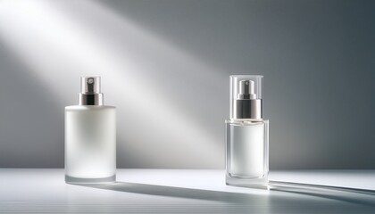 Light diffraction effect on a minimalist white background – trendy and dynamic, perfect for perfume display.
