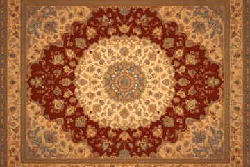 Naklejka premium Minimalist Traditional Oriental Rug in Rich Hues Featuring Intricate Patterns and Detailed Designs