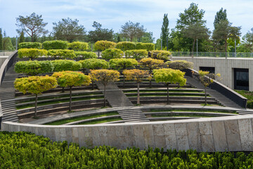 Wide semicircular benches for spectators are located on terraces of amphitheater. Mature topiary...