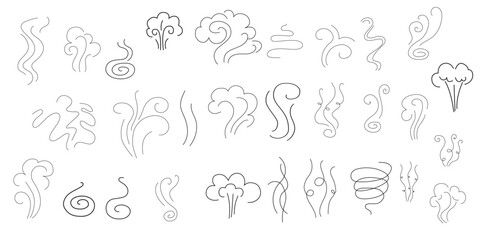 Steam and smoke lines icons set. Air wind and scent linear collection, heat waves or aroma from cooking food and hot coffee, gas and fumes. Steam swirls icons of doodle style vector illustration