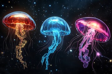 Colorful jellyfish swimming in space stunning digital art cosmic environment vibrant colors