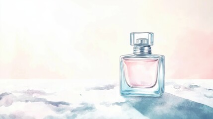 A delicate glass perfume bottle sits elegantly against a soft, pastel background, capturing light and evoking a sense of femininity and luxury.