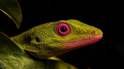 Fototapeta premium Green Anole Lizard Showing Off Pink Dewlap. Closeup of Bright Green Reptile in Garden Habitat