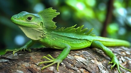 Fototapeta premium Green Basilisk: Still Green Lizard Sun Tanning in Rainforest of Costa Rica