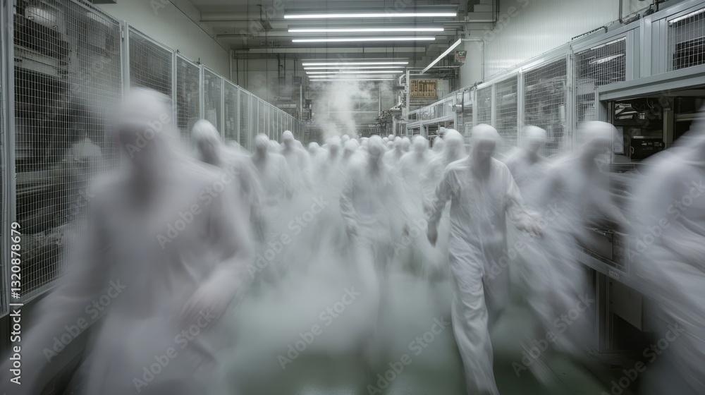 Poster robotic process automation represented as ghostly mechanical beings seamlessly blending with human w
