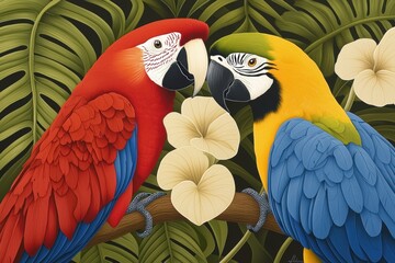Obraz premium Colorful rainforest artwork featuring vivid parrots, lush tropical plants, and intricate botanical details in a jungle-inspired scene