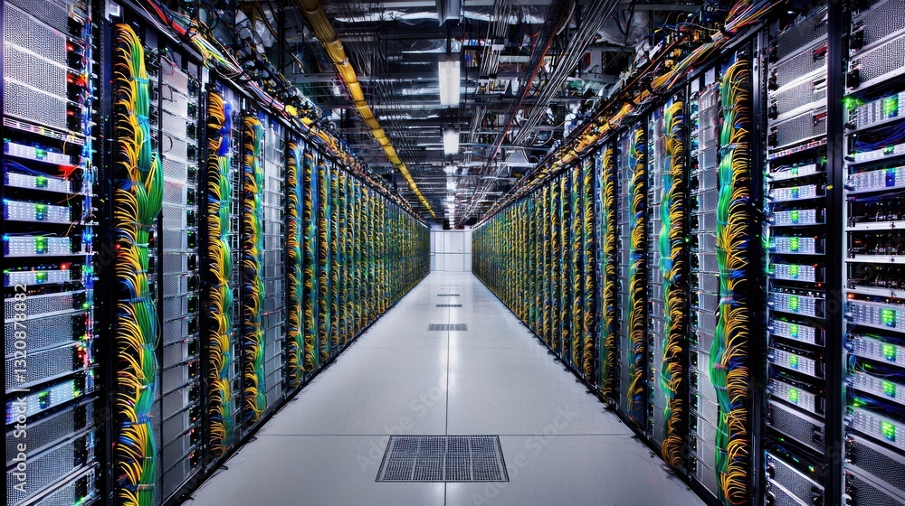 Poster inside a modern data center: server racks and network cables