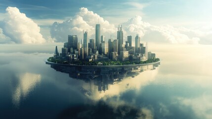 Naklejka premium A futuristic city surrounded by clouds and reflected in water